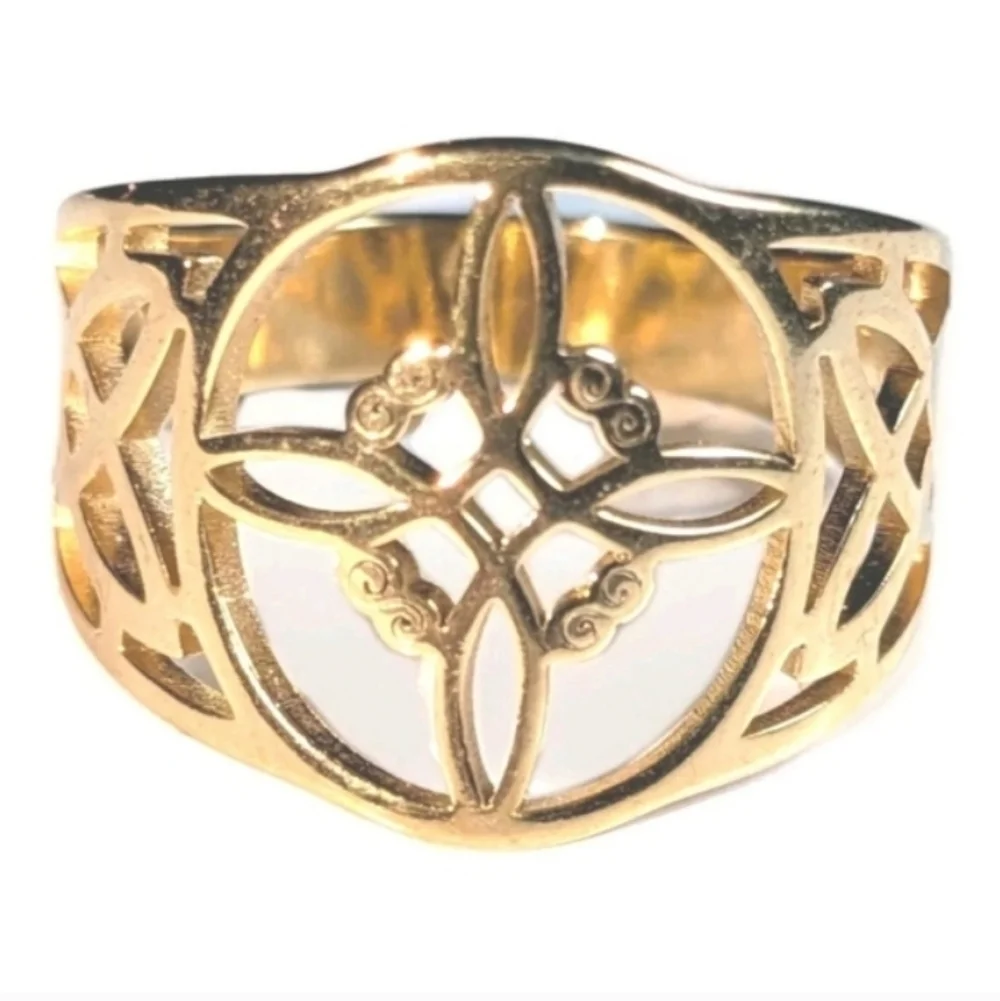 Witch Knot Golden Stainless Steel Ring For Women Wiccan Cross Celtic Knot Sz 8